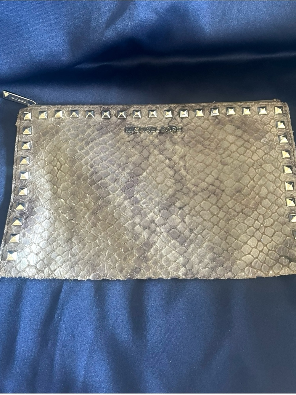 Michael Kors Metallic Taupe Snake-Embossed Studded Clutch